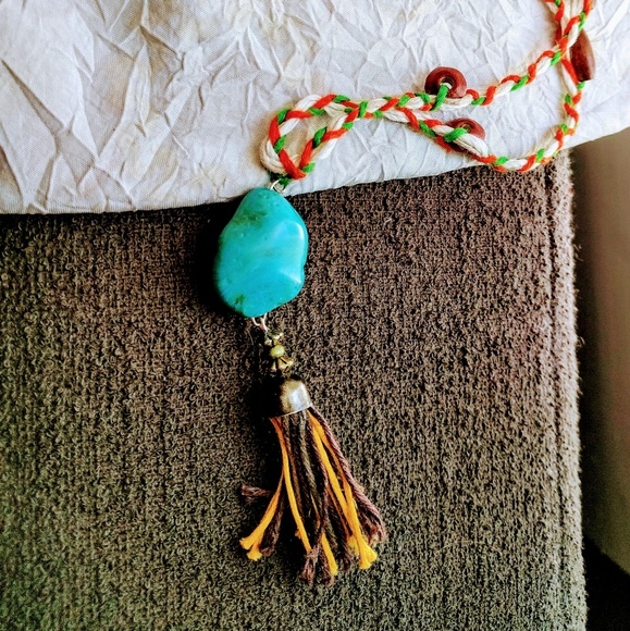 Turquoise & Golden Tassel w/Hemp Cord Necklace - Picture 2 of 3